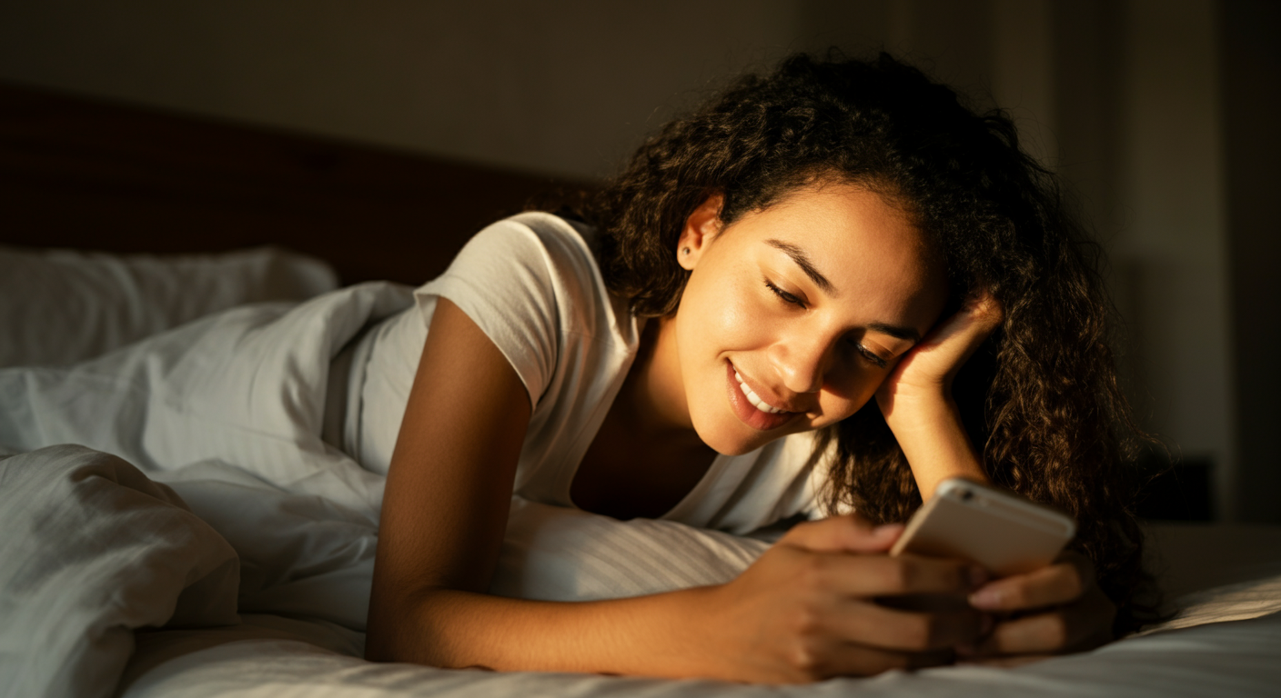 mulher sorrindo pro celular